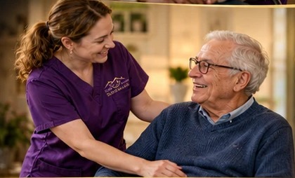 Caregiver laughing with an older gentleman at home